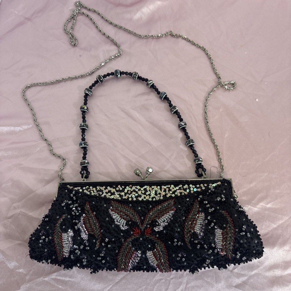 Vintage Beaded Clutch Butterfly Evening Purse Silvertone Black Purple Sequins
